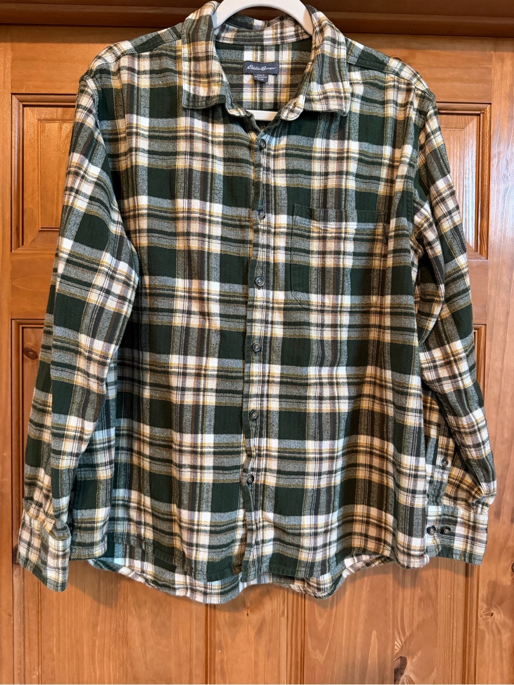 Eddie Bauer Green and Cream Plaid Button-Down Shirt